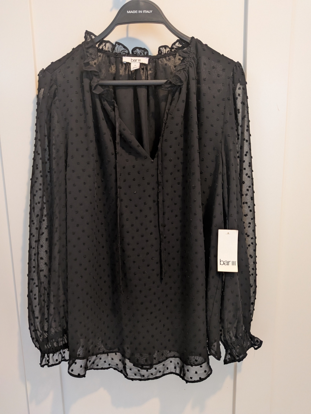 Bar III Black Sheer Swiss-Dot Ruffle Tie Blouse